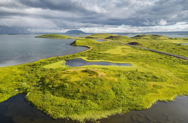 Aerial view of green volcanic crater