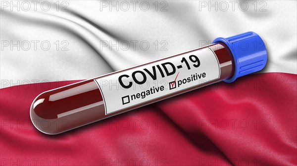 Flag of Poland waving in the wind with a positive Covid-19 blood test tube. 3D illustration