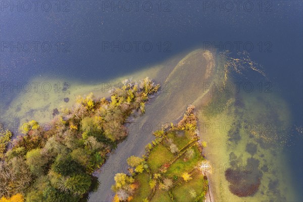 River delta of the Wangauer Ache into the Mondsee with autumnally discoloured mixed forest