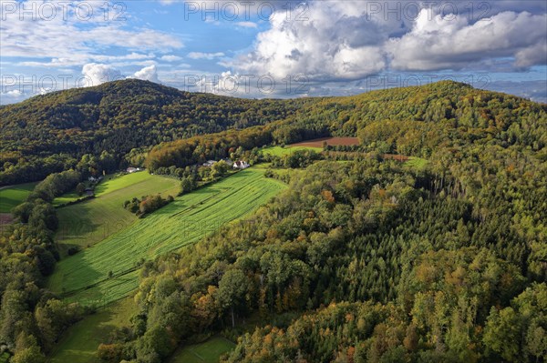 View in autumn from the Michelsberg to forest and cultural landscape with excursion restaurant Fuchsmuehle
