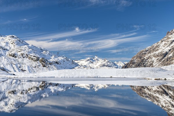 Snowy landscape reflected in Lago Bianco