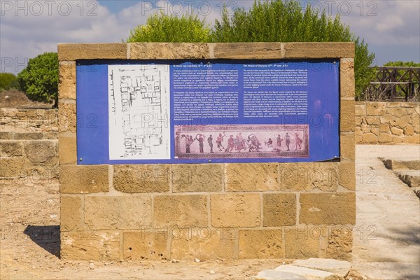 The House of Dionysus information panel and ancient ruins at Tombs of the Kings archaeological site