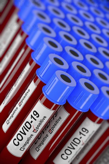 3D illustration of many blood test tubes with positive COVID-19 tests. Concept for laboratory sample of blood testing for diagnosis of the new Corona virus infection with selective focus