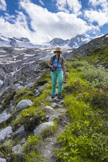 Hiker on the descent from Schoenbichler Horn to the Berliner Huette