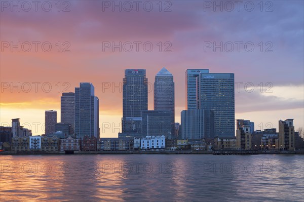 Canary Wharf financial district viewed over the river Thames