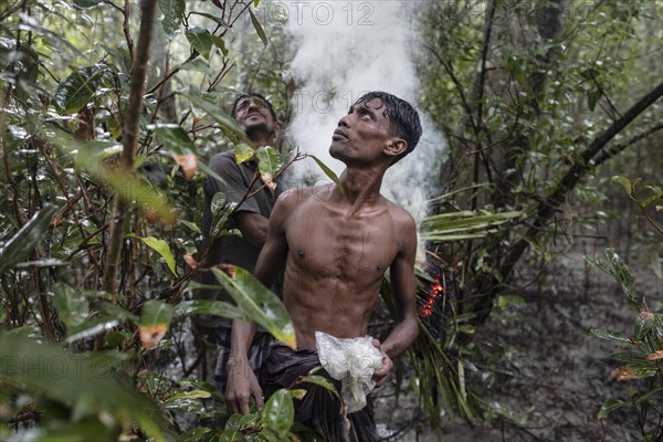 Two honey collectors after lighting damp perennials and leaves with fire accelerant to produce smoke