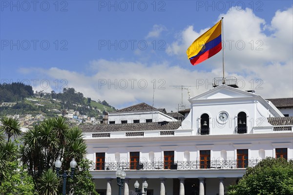 Waving national flag over the seat of government Palacio de Carondelet