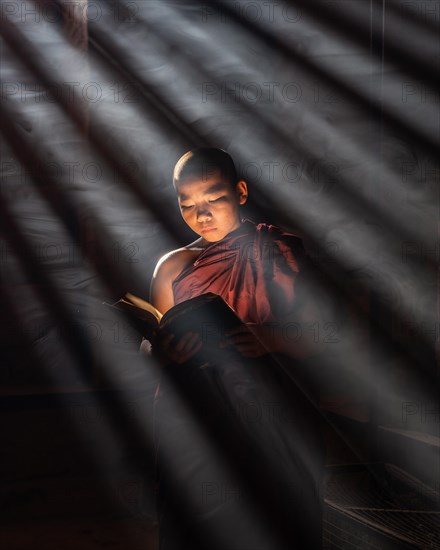Buddhist young monk in red robe reading standing in front of rays of light in a temple