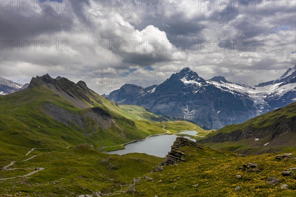 Bachalpsee and the peaks Schreckhorn and Finsteraarhorn