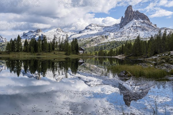 Monte Pelmo reflected in the mountain lake Lago Federa