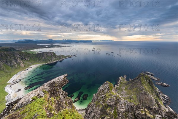 View from Matinden Mountain to sandy beach and rocky coast