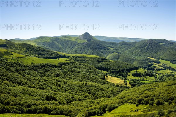 View of the Mandailles valley and Puy Griou in the Auvergne volcanoes regional natural park