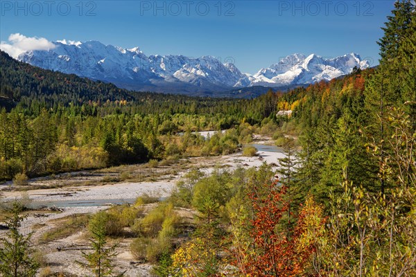 Autumn landscape in the Isar valley with Wetterstein range