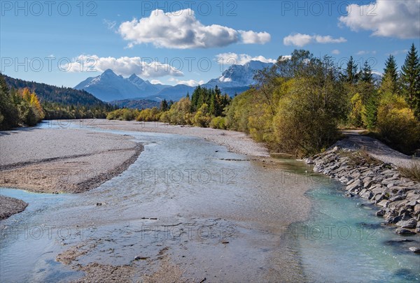 Autumn landscape in the Isar valley with Arnspitz group in the Wetterstein range