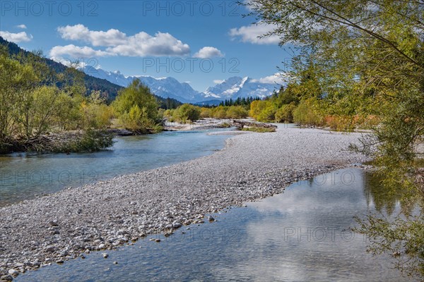 Autumn landscape in the Isar valley with Wetterstein range