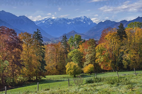 Autumn landscape above the Murnauer moss with Zugspitze group near Hagen