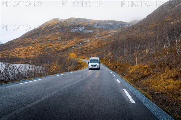 Campervan on a road with autumnal vegetation