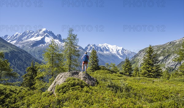 Hiker Looking at mountain panorama from Aiguillette des Posettes