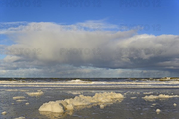 Waves on a sandy beach with foam formation