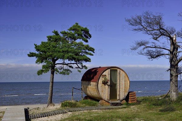 Wooden barrel as camping hut