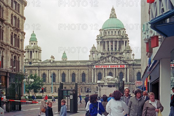 City Hall with banner Belfast Says NO