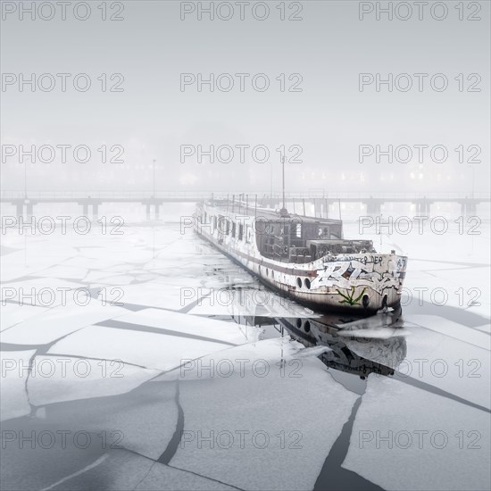 Fog at the abandoned passenger ship MS Dr. Ingrid Wengler in Osthafen