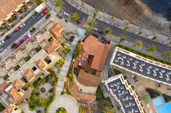 Apartment buildings and restaurant from above