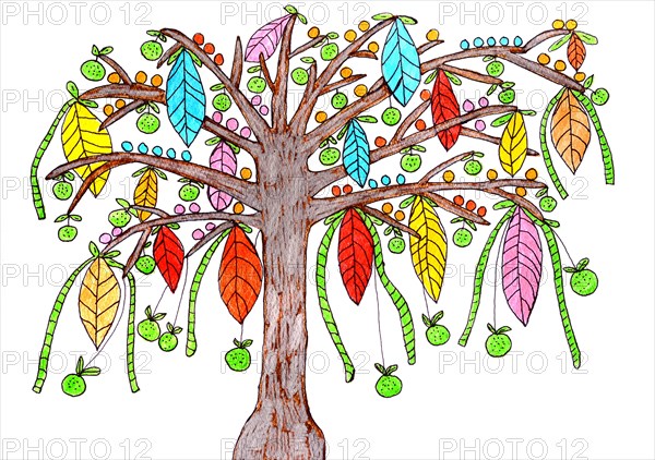 Painted tree with colorful leaves and apples