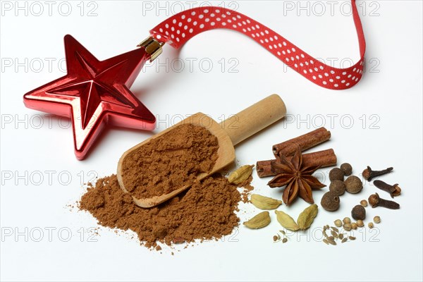 Gingerbread spice in shovel and ingredients