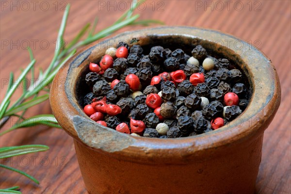 Black and white peppercorns in pot