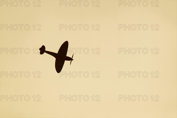 Supermarine Spitfire aircraft in flight in Royal air force markings at sunset