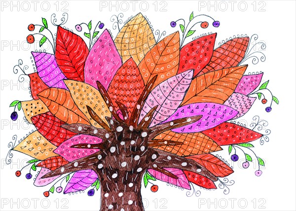 Painted tree with colorful leaves and fruits