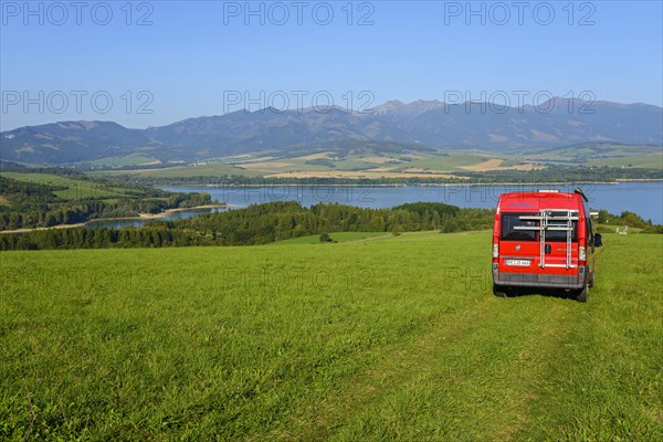 Mobile home on a slope with a view of the Liptov Reservoir or Liptovska Mara near Bobrovnik