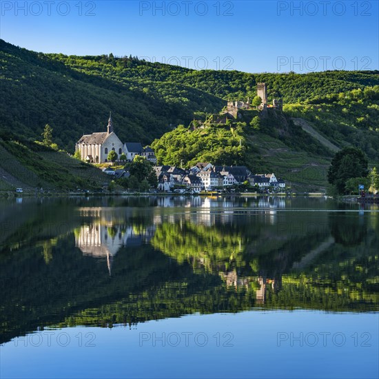 Winegrowing village Beilstein with Carmelite church and castle ruin Metternich surrounded by vineyards