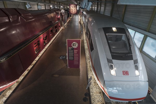 Steam locomotive 05001 Deutsche Reichsbahn and ICE of the Deutsche Bahn