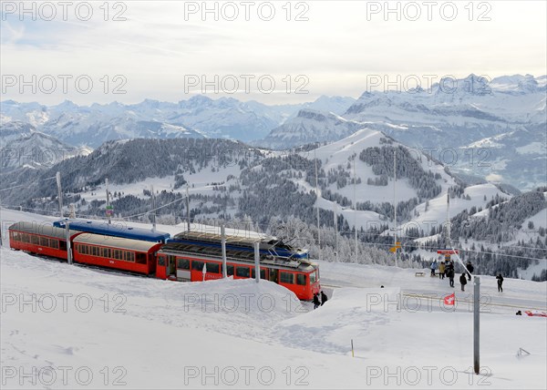 View from Rigi-Kulm on rack railways and Swiss Alps