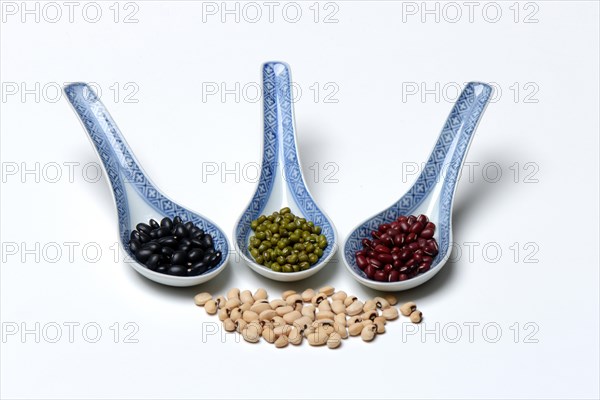 Various dried beans in porcelain spoon