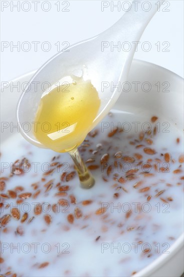 Bowl of swollen flax seed and spoonful of honey