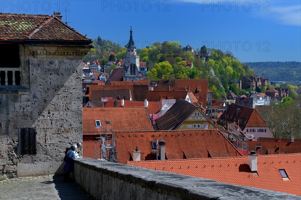 View from Hohentuebingen Castle to the old town with the Collegiate Church