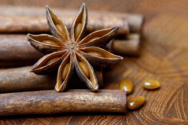 Fruit of star anise and cinnamon sticks