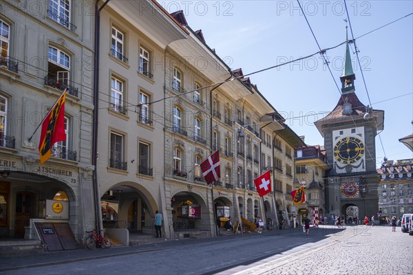 Flags on a row of houses in the old town of Bern