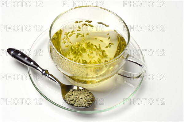 Fennel tea in cup and fennel seeds in spoon