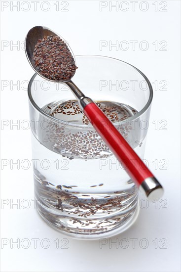 Glass of water and spoon with psyllium