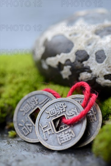 Chinese lucky coins with moss and stone