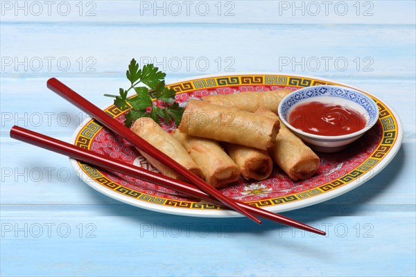 Spring roll and bowl with sauce