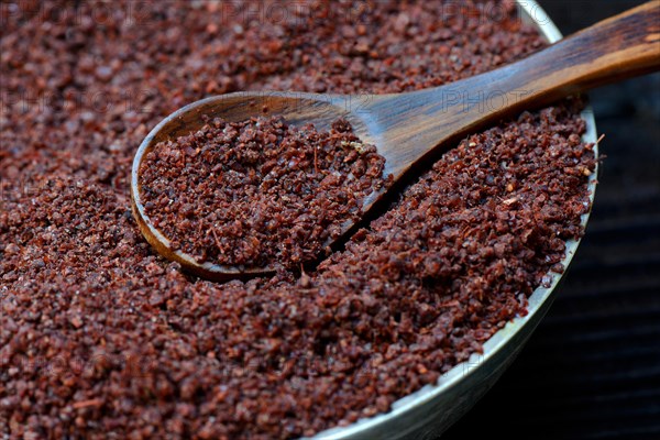 Sumac powder in bowl and spoon