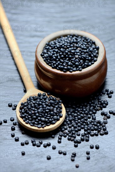 Beluga lentils in cooking spoon