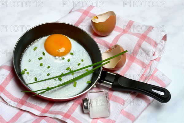 Fried egg with chives in frying pan