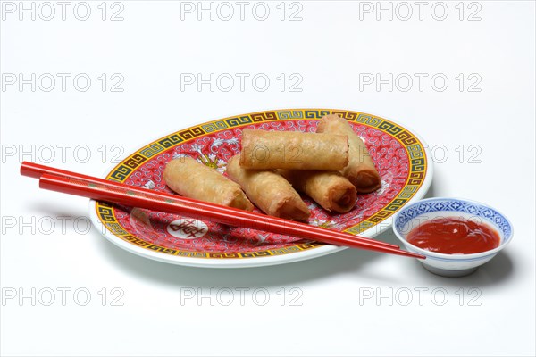 Spring roll and bowl with sauce