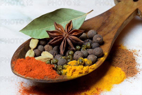 Various spices in wooden spoon